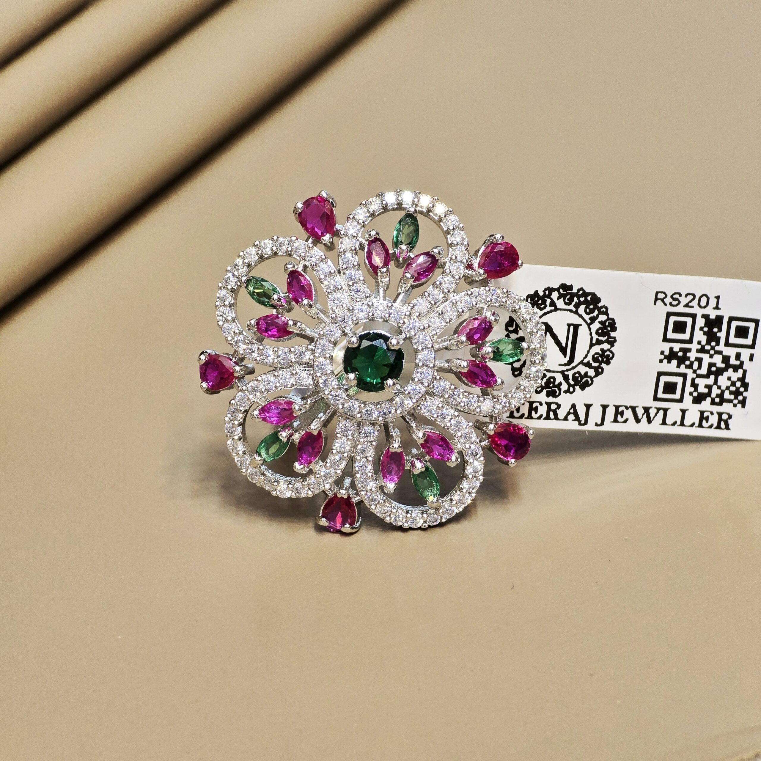 Pure 92.5 Sterling Silver Multi Color Flower Ring With High Finish And AAA Grade American Diamond Superb Attractive Heavy Ring