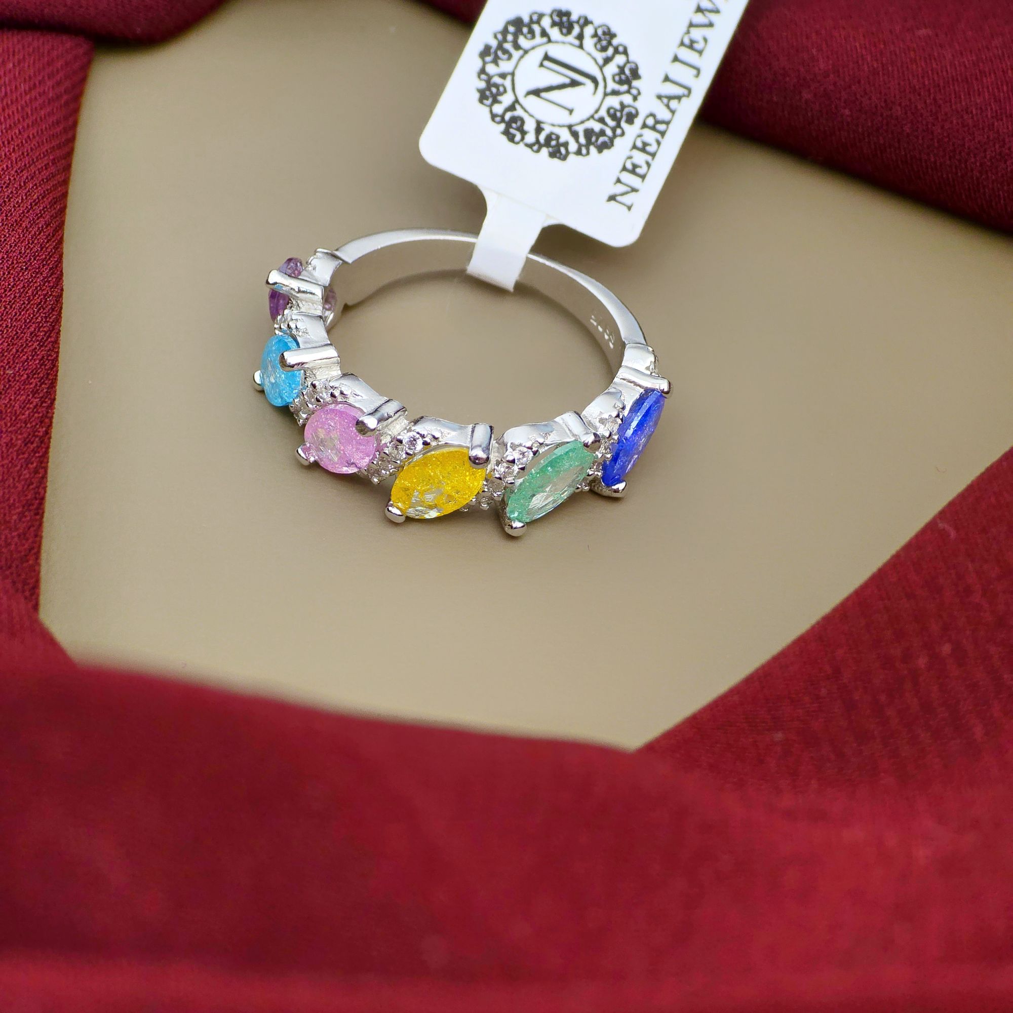 Multi Colour Rainbow Diamond Cut 925  Sterling Silver Ring